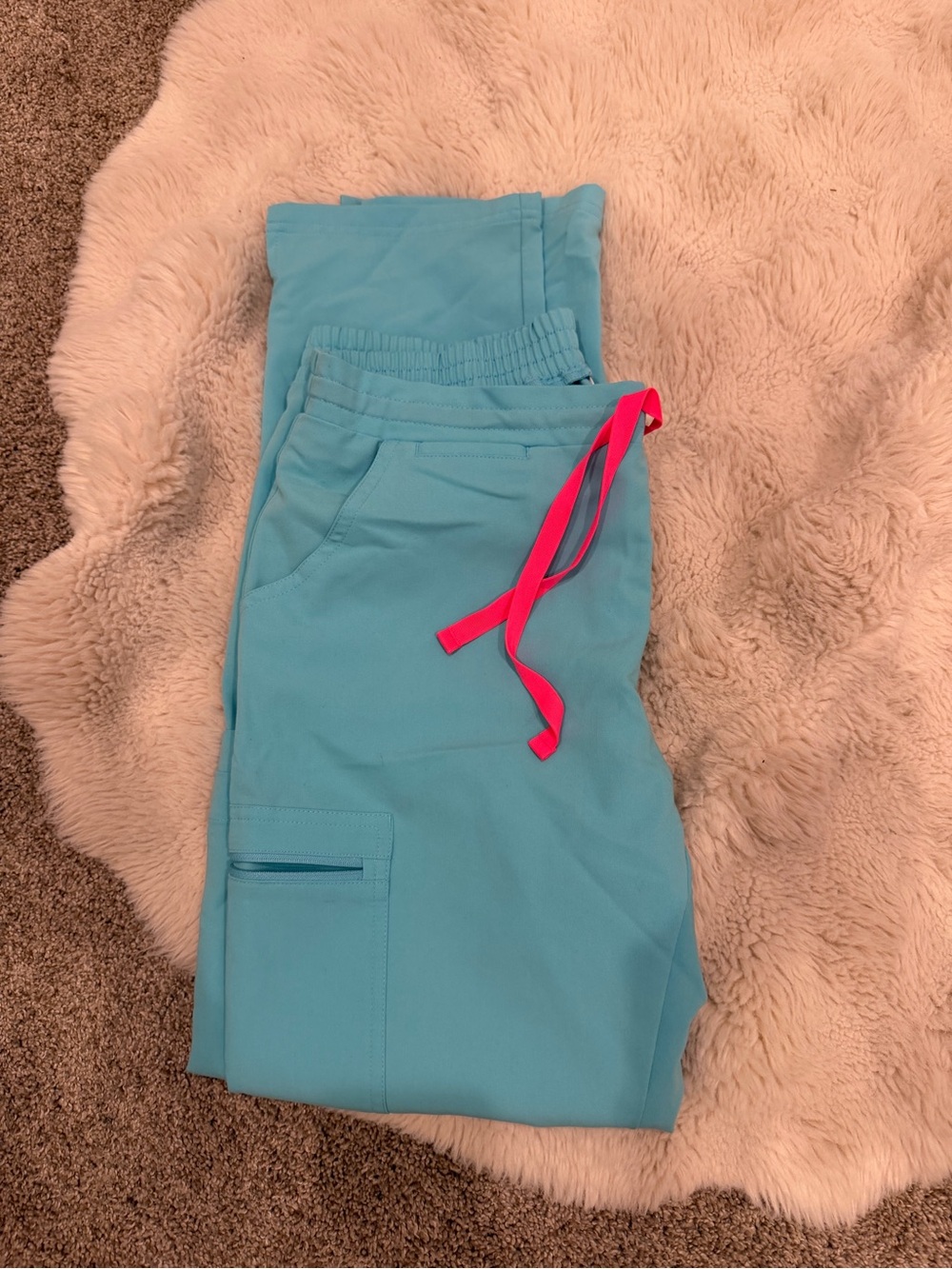 Figs Boot Cut Scrub Pants in Aqua with Hot Pink Drawstring